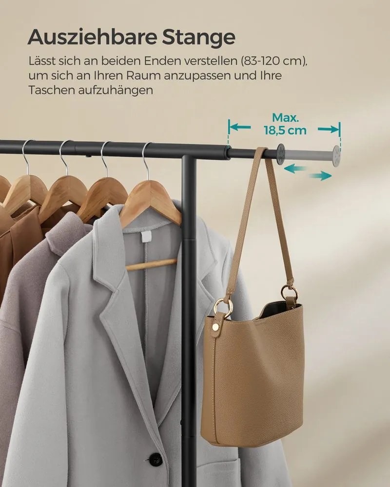 Guarda Roupa Aberto com rodas e uma barra extensível 40 x (83-120) x 156 cm preto