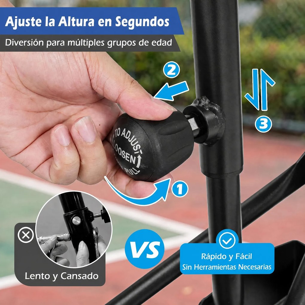 Cesto de Basquetebol Portátil, 88 x 53 x 258-303 cm, Altura Regulável em 8 Níveis, Preto