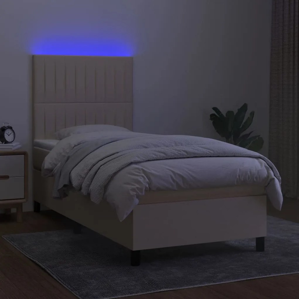 Cama box spring c/ colchão e LED 90x190 cm tecido cor creme