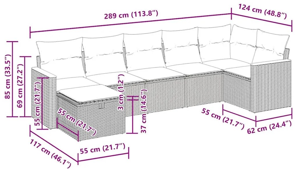 7 pcs conjunto sofás p/ jardim c/ almofadões vime PE cinzento