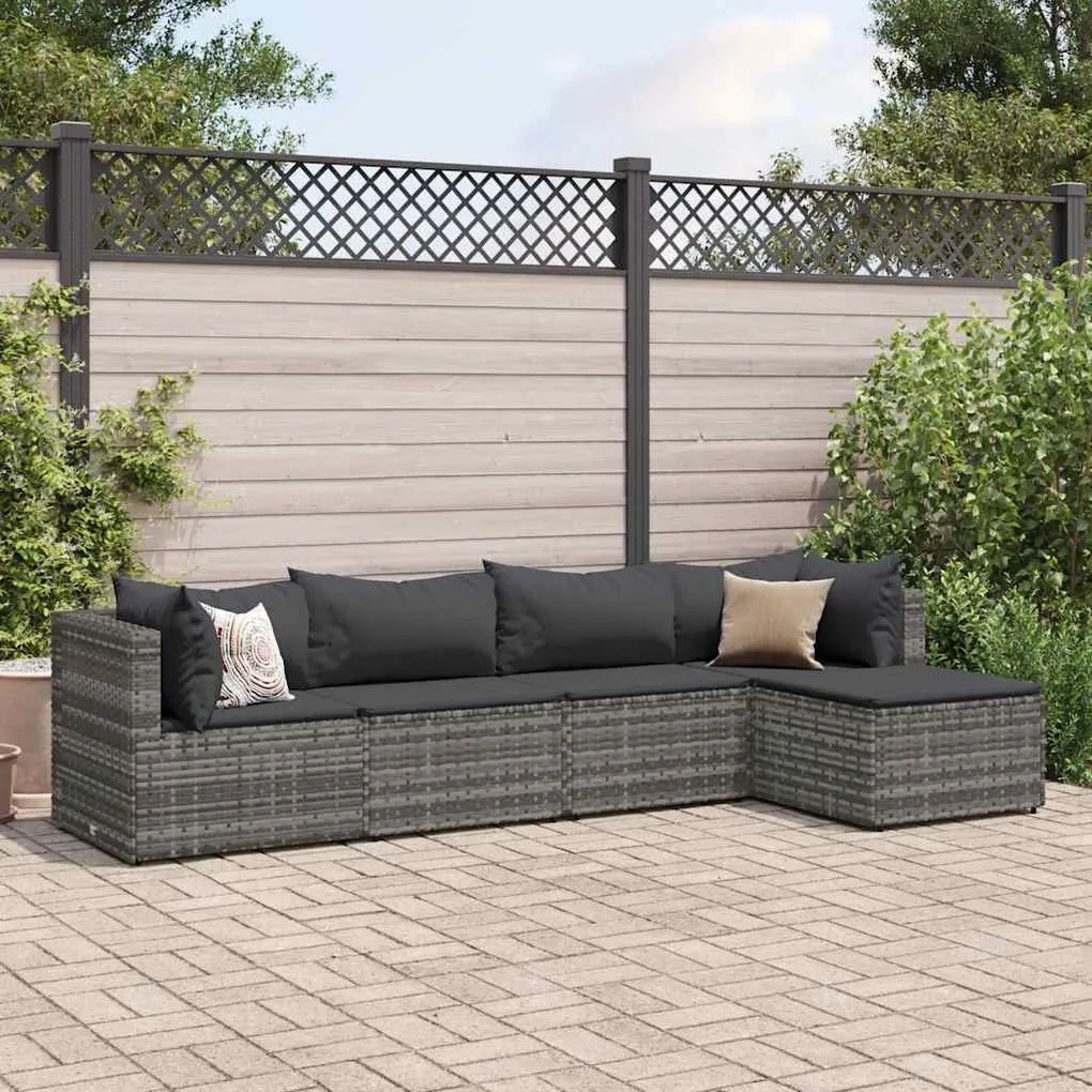 vidaXL 5 pcs conjunto lounge de jardim c/ almofadões vime PE cinzento