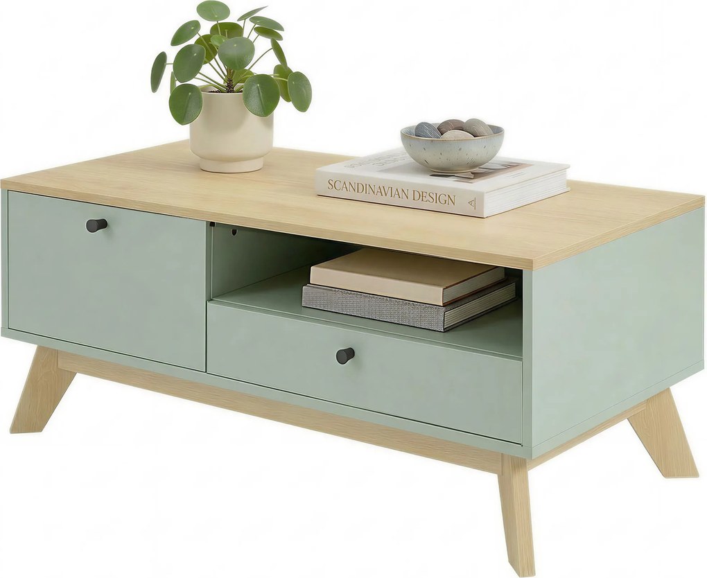 Mesa de centro, 100 x 50 x 40 cm retangular com gaveta, porta e compartimento aberto, verde claro e cor carvalho