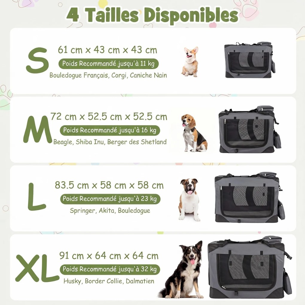 Transportadora dobrável tamanho M 72 x 52,5 x 52,5 cm para animais de estimação, com janelas de rede, 3 portas, cama felpuda e bolsos removíveis, para