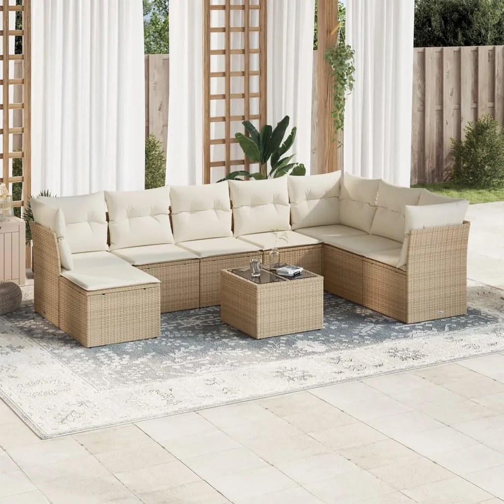 vidaXL 9 pcs conjunto de sofás p/ jardim com almofadões vime PE bege