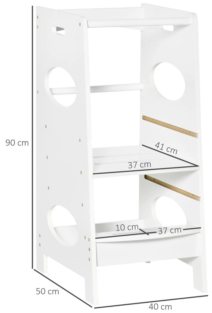 Torre de Aprendizagem de Madeira para Crianças Torre de Aprendizagem Infantil com Altura Ajustável em 3 Posições e Barra de Segurança 40x50x90cm Branc