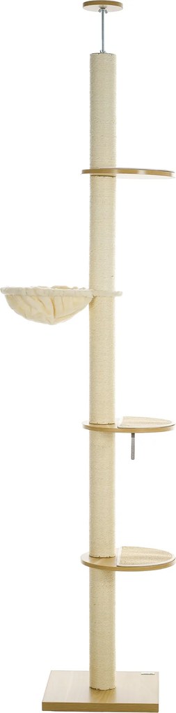 PawHut Arranhador até o Teto, Acessório Anti-Tombamento, Postes com Corda de Sisal, Aglomerado, Carvalho+Creme | Aosom Portugal