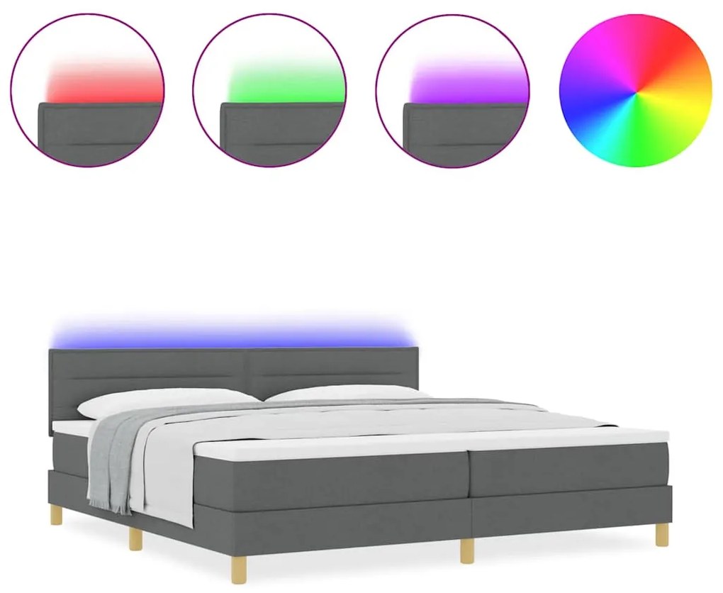 Cama Box Spring com Colchão &amp; LED Cinza Escuro 200x200 cm Tecido