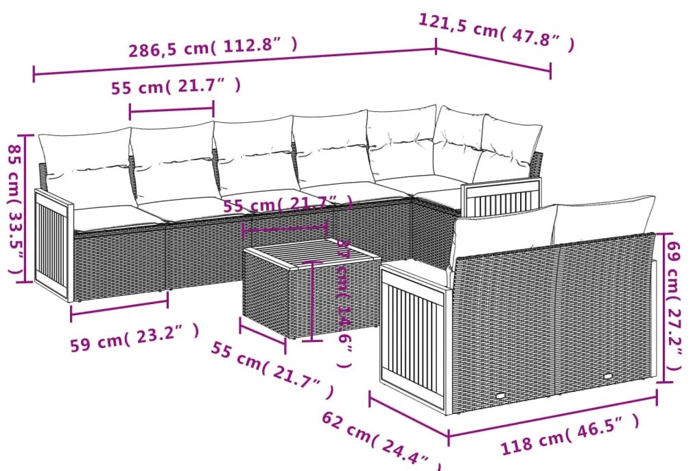 9 pcs conjunto de sofás p/ jardim c/ almofadões vime PE preto