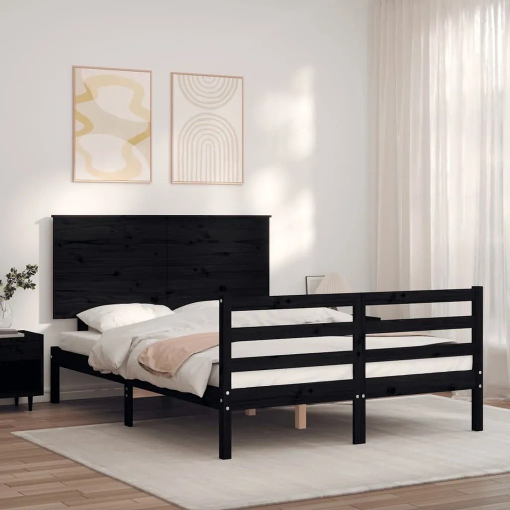 vidaXL Estrutura de cama com cabeceira 140x200 cm madeira maciça preto