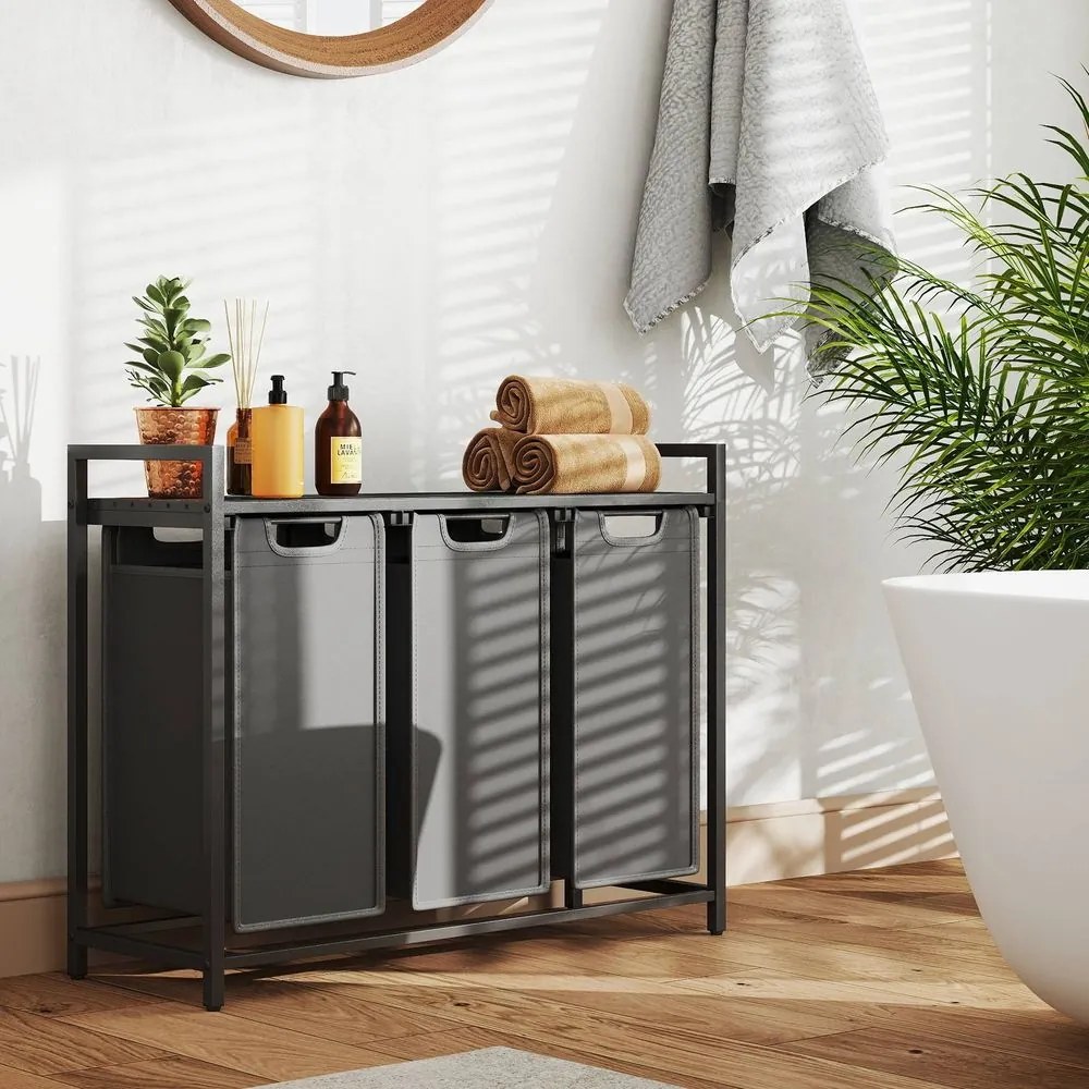 Cesto para roupa suja com 3 compartimentos e prateleira de 114 L, 92,5 x 33 x 72 cm preto + cinzento