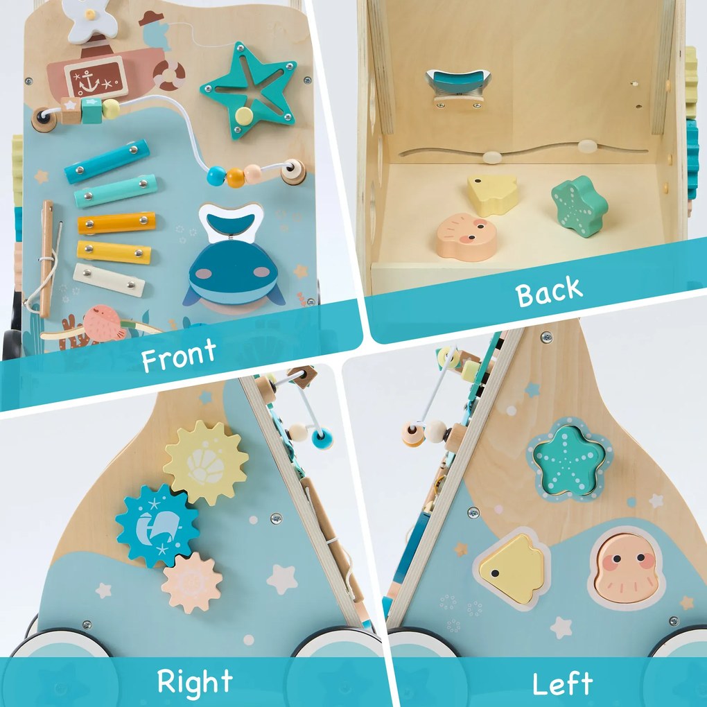 Andador de madeira para bebés 35 x 33,5 x 53,5 cm com Centro de atividades interativo Azul