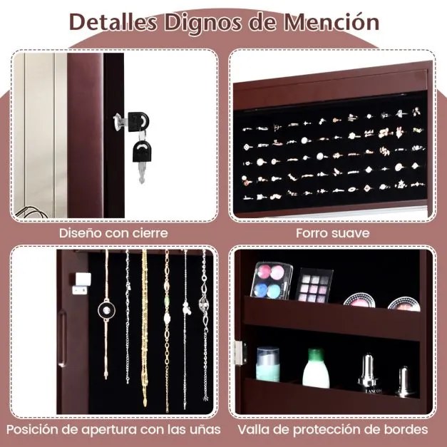 Armário para jóias com espelho e 12 Luzes LEDs de parede 37 x 8,5 x 120 cm Castanho