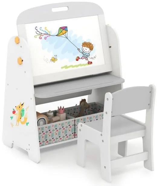 Conjunto de mesa e cadeira infantil 4 em 1, cavalete e estante de arte - natural