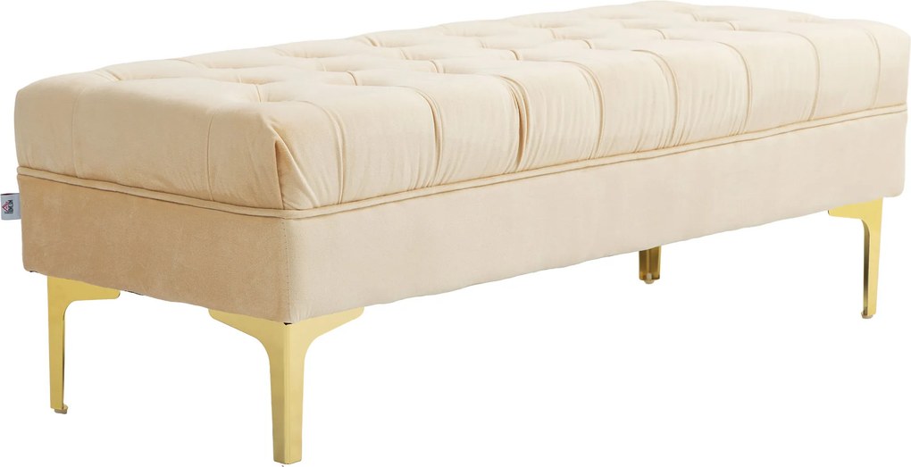 Banco estofado para colocar ao pé da cama, estilo clássico-chique, dim. 118 x 45 x 42 cm, pés em metal dourado, veludo bege