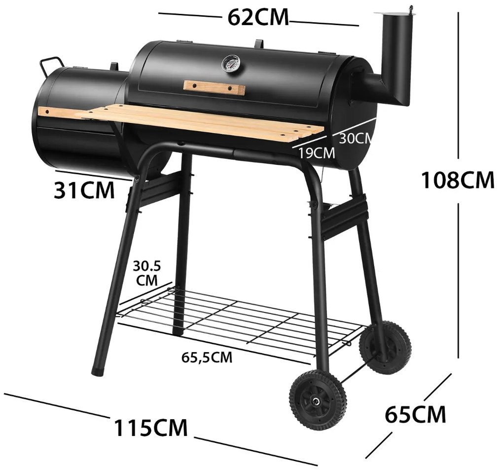 Grelhador a carvão para churrasco com prateleira lateral para fumeiro alças de madeira duas rodas 115 x 65 x 108 cm preto