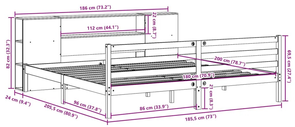 Cama com estante sem colchão 180x200 cm pinho maciço branco