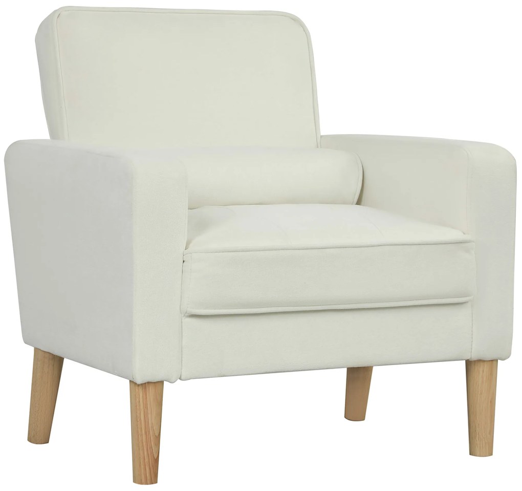 Sofá Sala de Estar Estofada em Veludo Poltrona de Leitura com Assento com Botões e Pés de Madeira 76x79x82 cm Creme