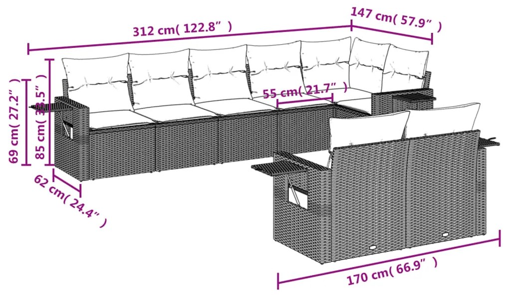 8 pcs conj. sofás jardim c/ almofadões vime PE cinzento-claro