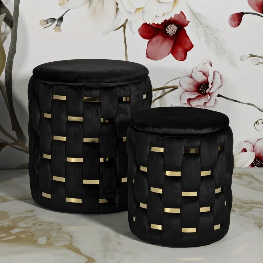 PUFE COM ARMAZENAMENTO SHANTY CONJUNTO 2 PEÇAS Ø 37X42-28X35 CM PRETO E DOURADO