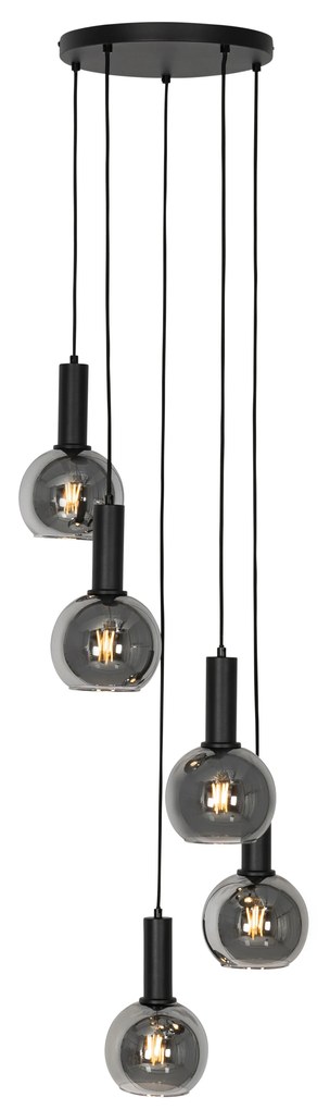 Candeeiro de suspensão Art Déco preto com vidro fumê redondo 5 luzes - Josje Art Deco