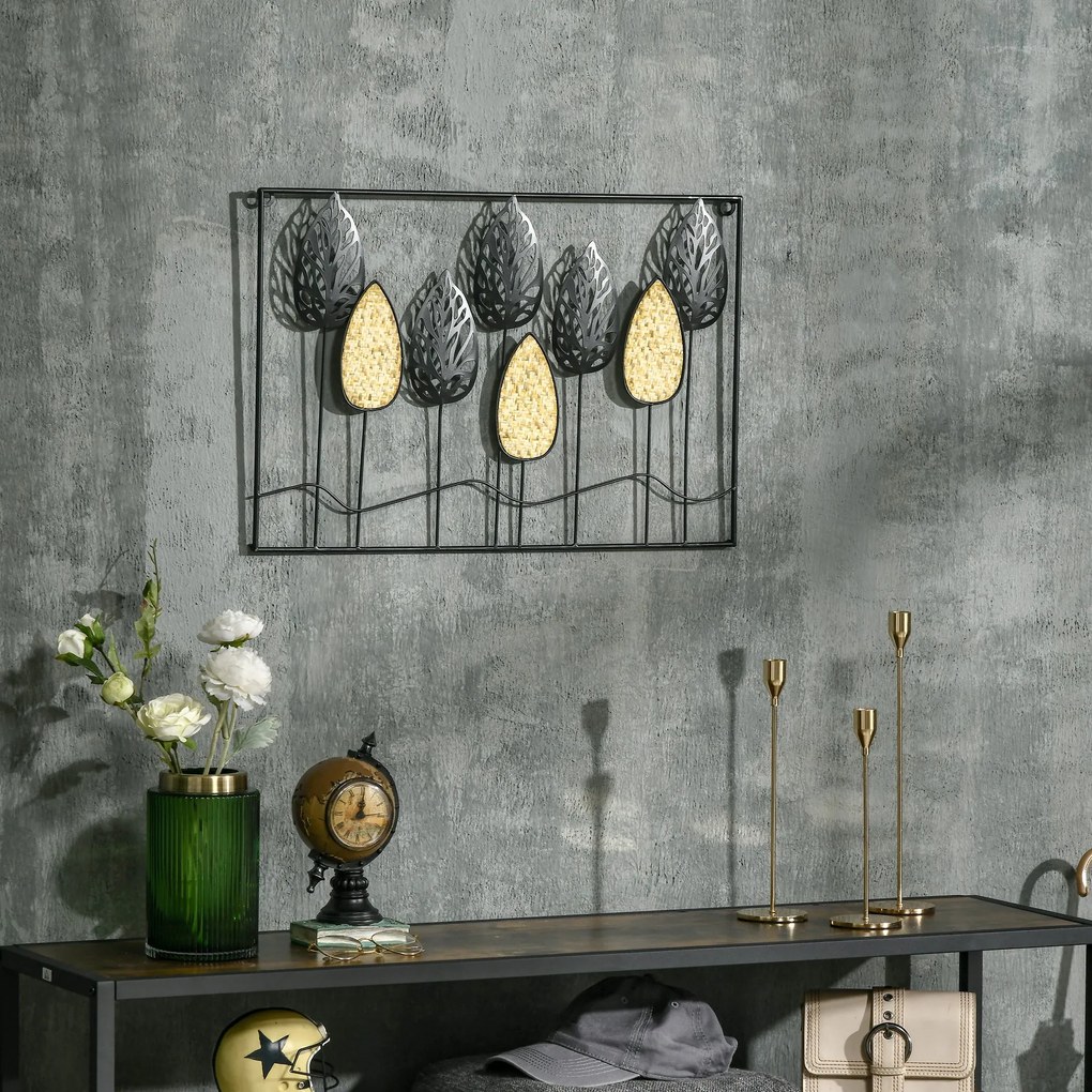 Decoração de Parede de Metal 3D Folhas de Abeto Arte de Parede Suspensa para Sala de Estar Dormitório Escritório 40x60cm Preto e Amarelo