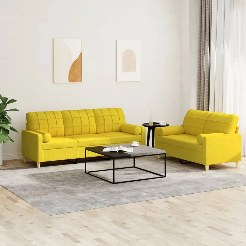 2 pcs conjunto de sofás com almofadas tecido amarelo-claro