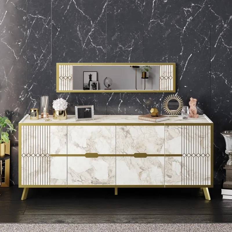 Aparador ELOISE, bilaminado mármore branco com detalhes dourados, 180 cms