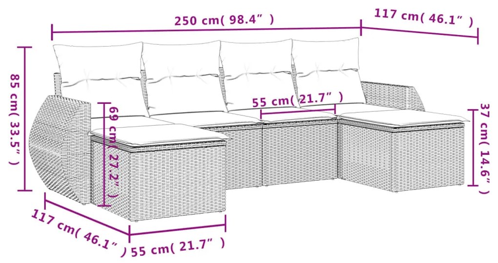 6 pcs conjunto de sofás jardim c/ almofadões vime PE castanho