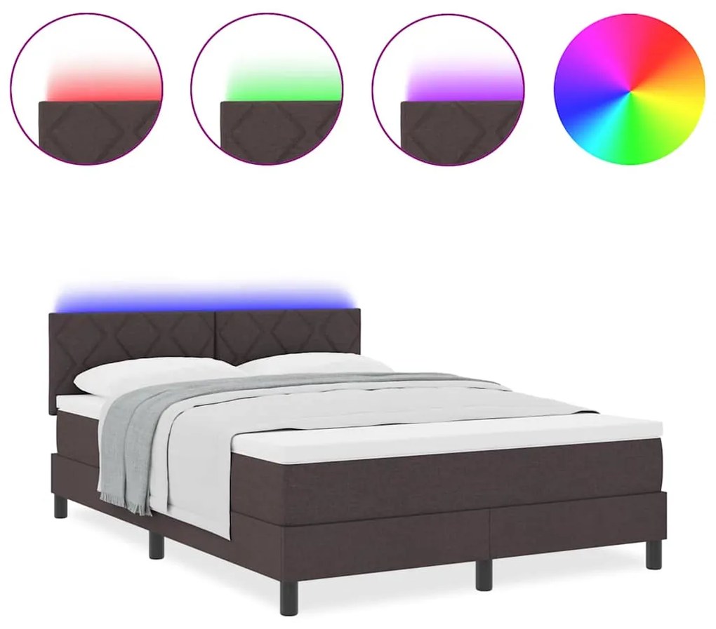 Cama Box Spring da com Colchão &amp; LED Castanho Escuro 140x200 cm Tecido