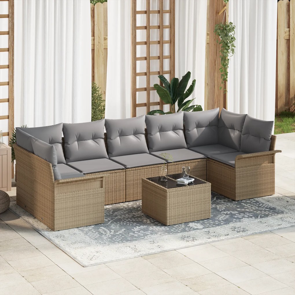 vidaXL Conjunto de Sofá de Jardim de 8 peças com Almofadas Bege de Rattan Poliéster
