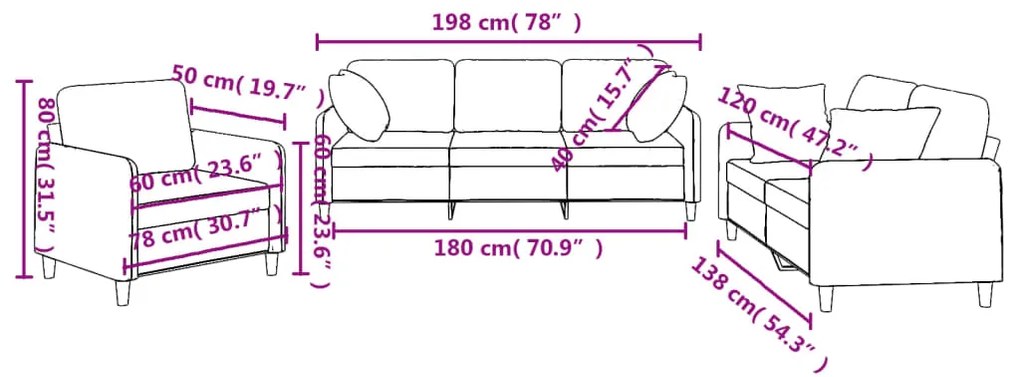 3 pcs conjunto de sofás com almofadas tecido cinza-acastanhado