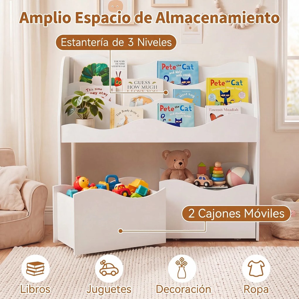 Estante Infantil com Gavetas, 82 x 30 x 76 cm, Estante de 3 Níveis, Branco