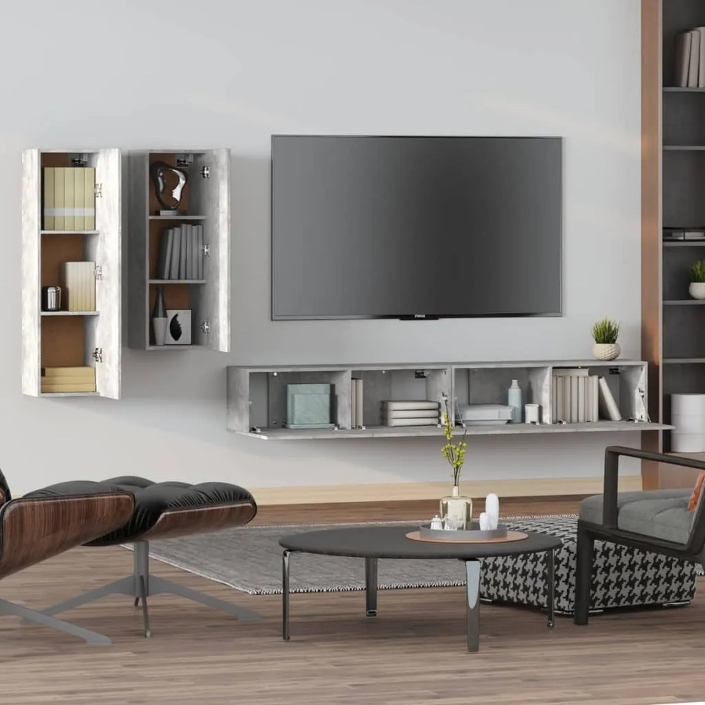 Conjunto móveis de TV 4 pcs madeira processada cinzento cimento