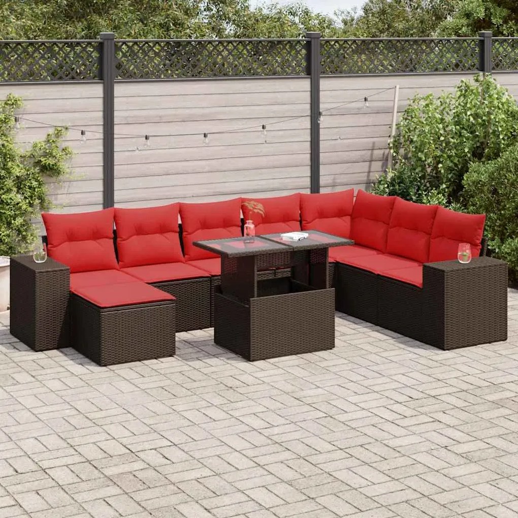 9 pcs conj. sofás jardim c/ almofadões vime PE/acácia castanho