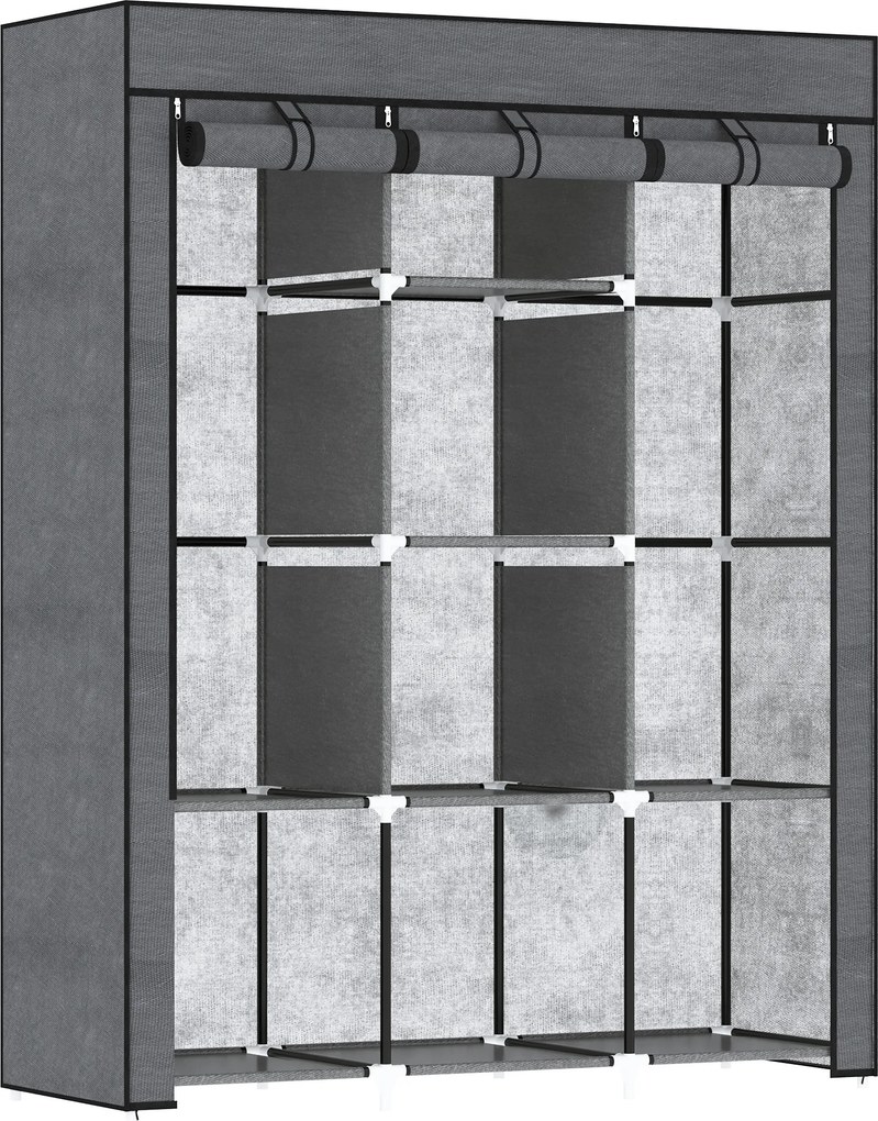 Guarda Roupa de Tecido Dobrável com 8 Prateleiras de Armazenamento e 2 Barras de Pendurar 125x43x162,5 cm Cinzento