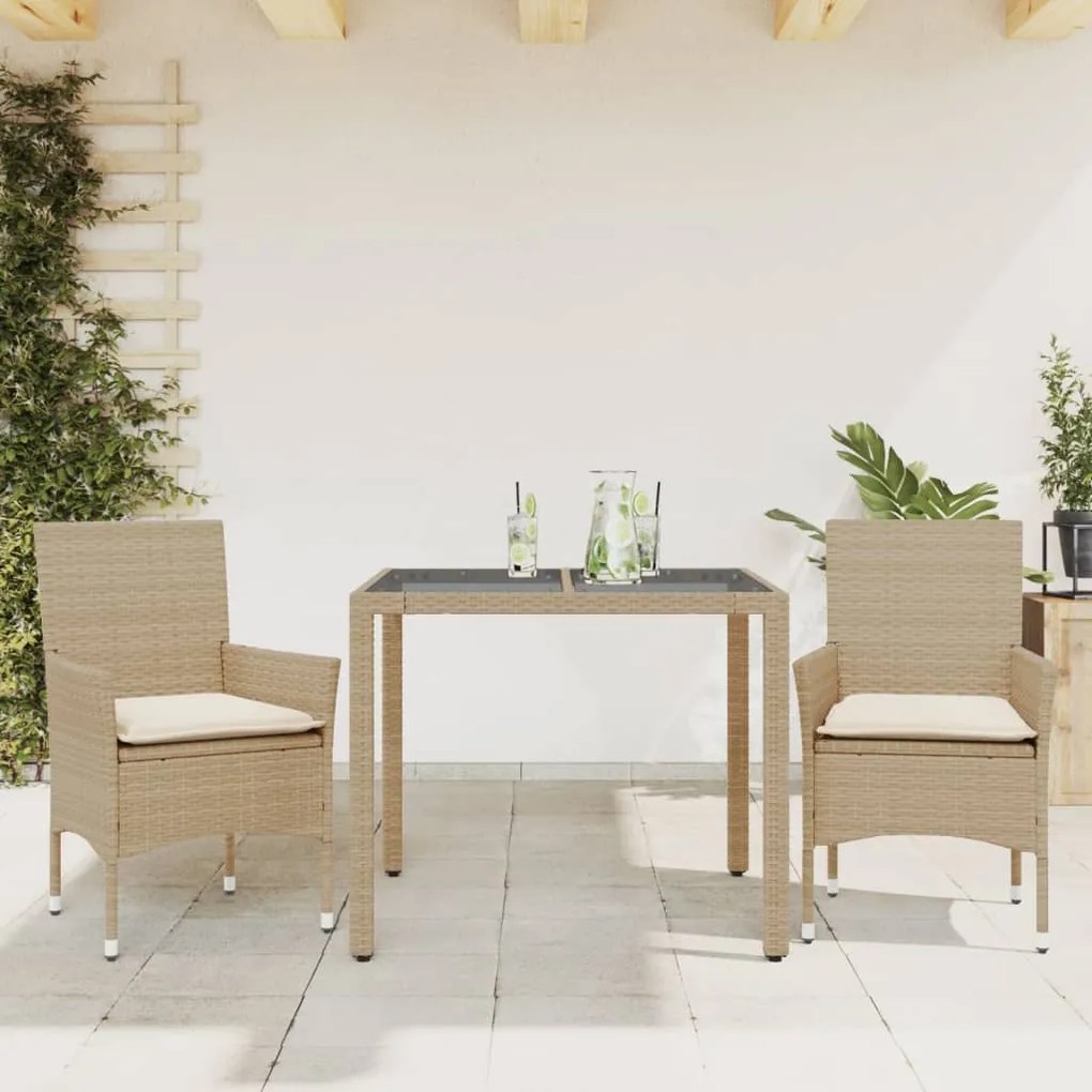 3 pcs conjunto jantar jardim com almofadões vime PE/vidro bege