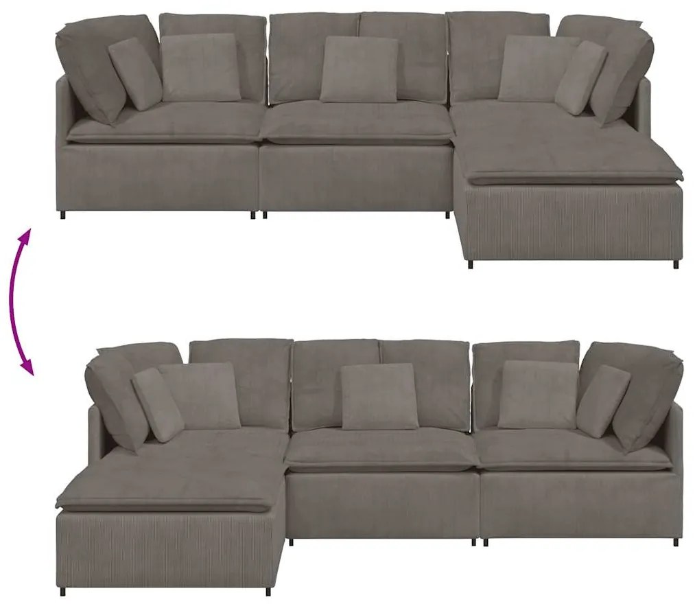 Sofá modular c/ pufes almofadas tecido corduroy cinzento-claro