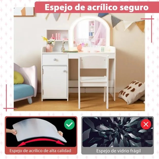 Conjunto de Toucador e Cadeira para Crianças a partir dos 3 anos com Estantes Armário com Gavetas 2 Cores Luzes LED Espelho em Acrílico Blanco