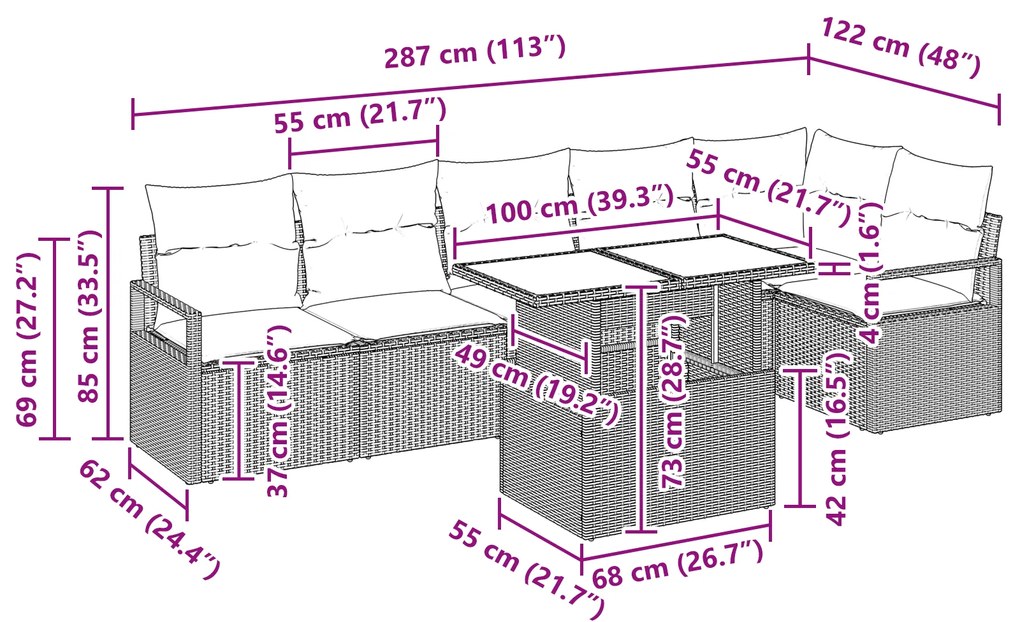 Conjunto de Sofá de Jardim vidaXL de 7 Peças com Almofadas Cinza Claro