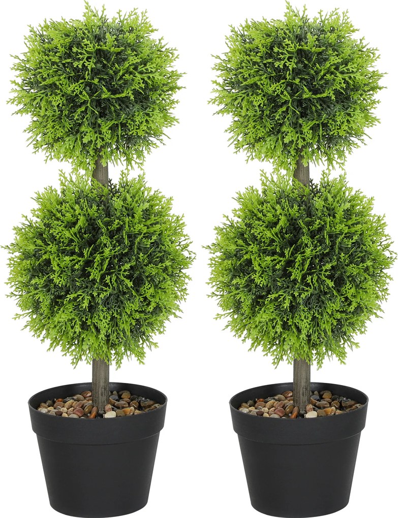 Conjunto de 2 plantas artificiais decorativas, bolas de buxo artificial de 60 cm com vaso, em plástico, verde