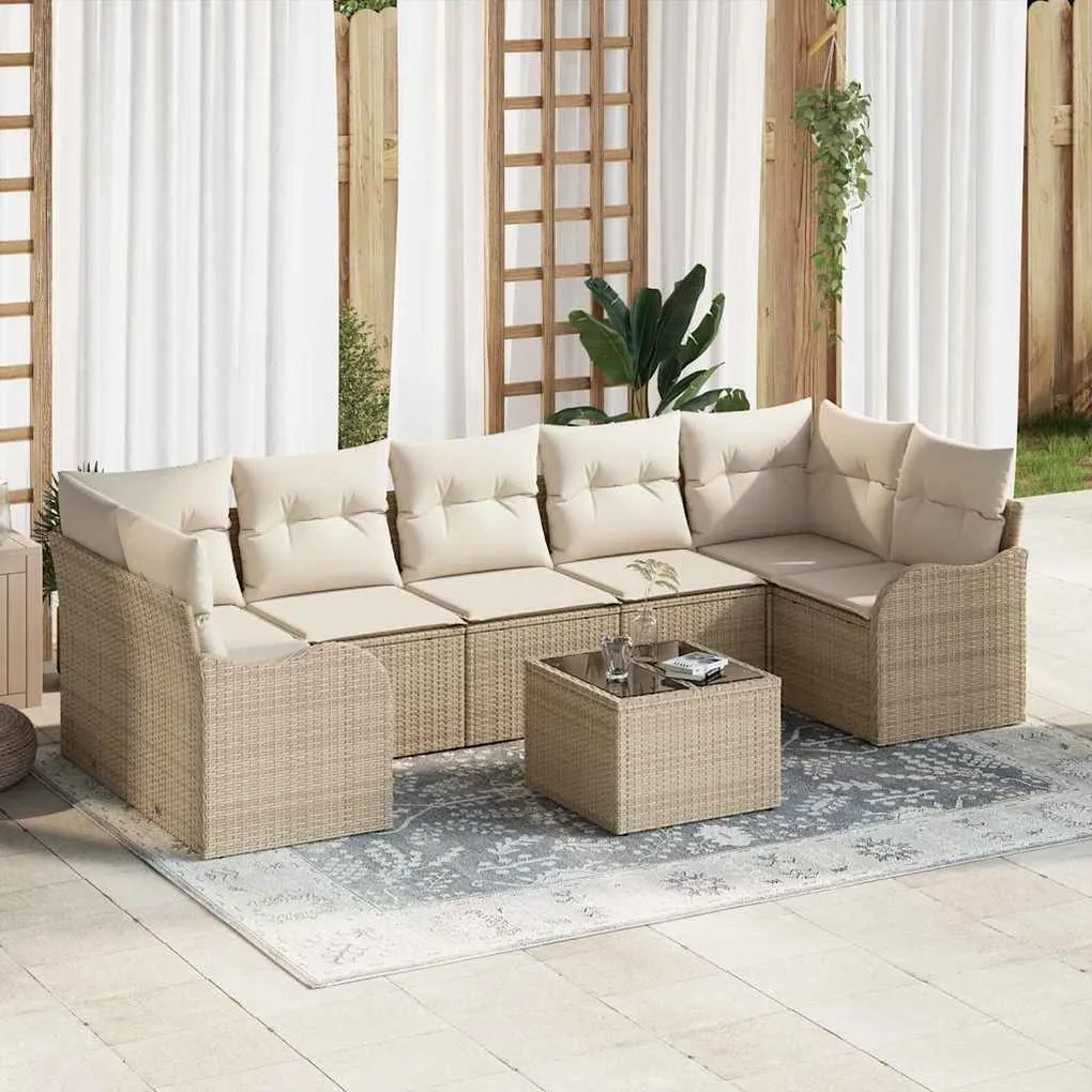 vidaXL Conjunto de sofá de jardim com 8 peças e almofadas bege em polyrattan