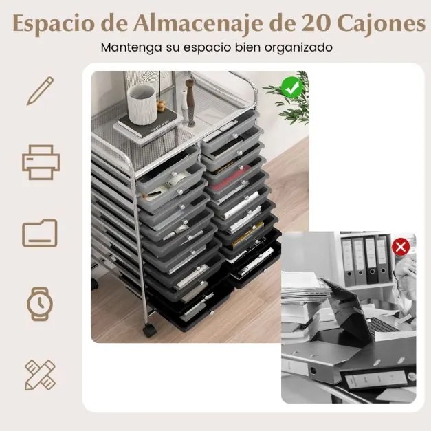 Carrinho auxiliar de armazenamento 64 x 39 x 88 cm com 4 rodas, 20 gavetas 2 rodas com travões, estrutura metálica preta