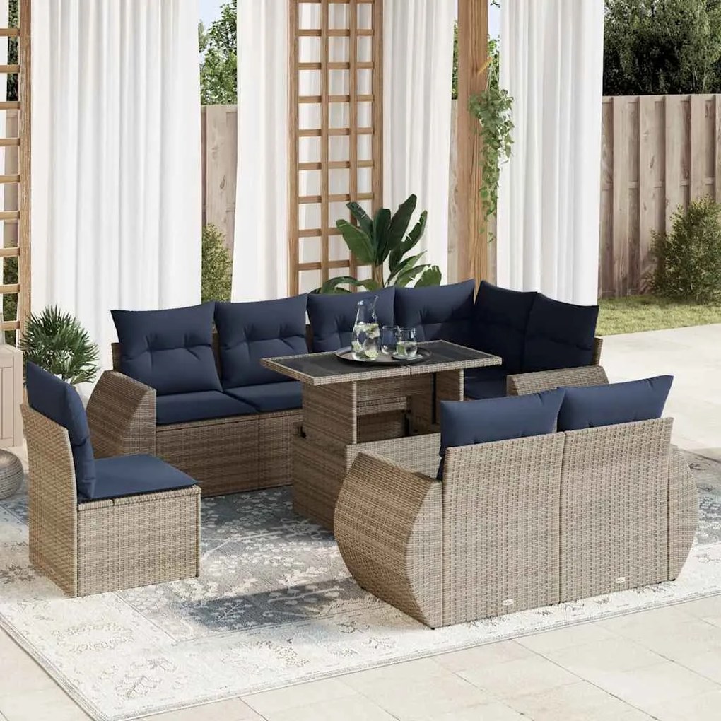 9 pcs conjunto sofás jardim almofadões vime PE/acácia cinzento
