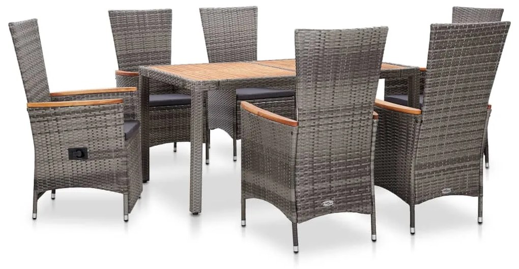 46043 vidaXL 7 pcs conjunto jantar exterior com almofadões vime PE cinzento