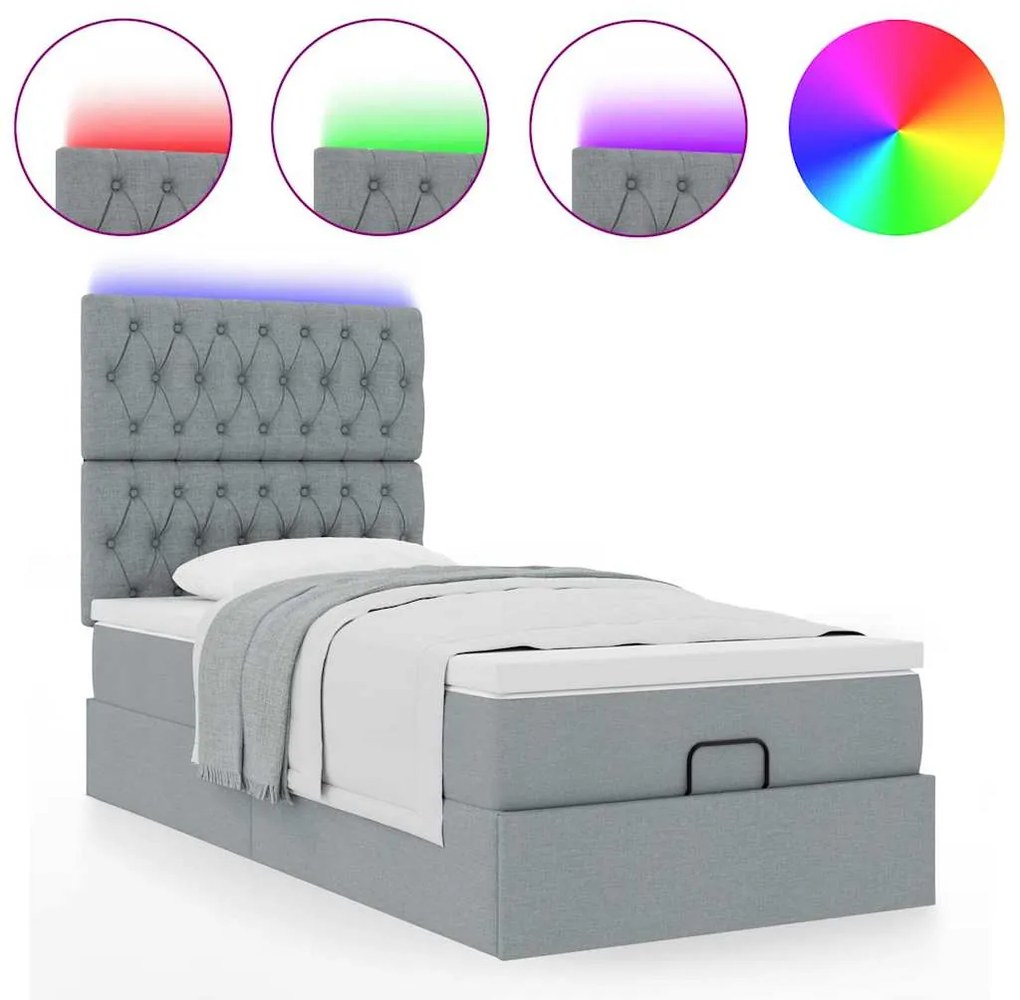 Cama Otomana com colchão & LEDs 80x200cm tecido cinza-claro