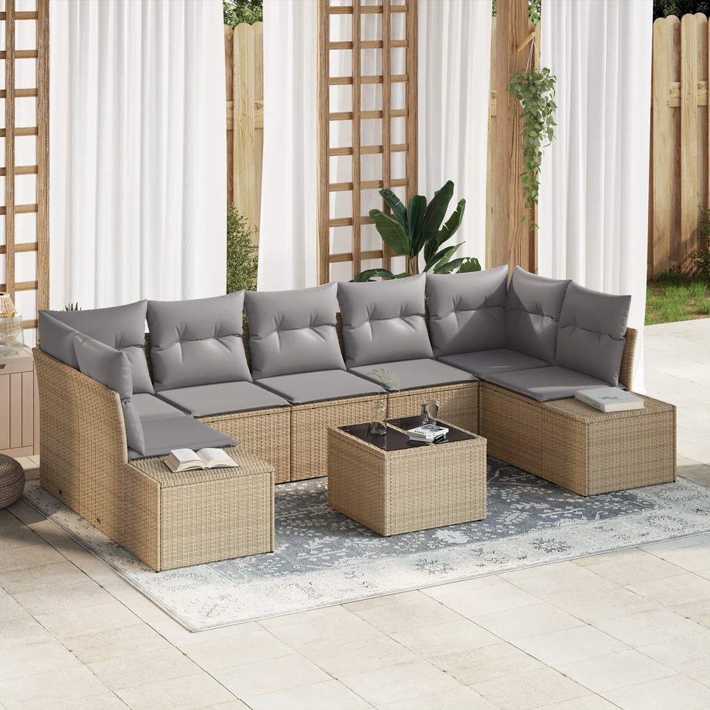 vidaXL Conjunto de Sofá de Jardim de 8 Peças com Almofadas Bege de Rattan
