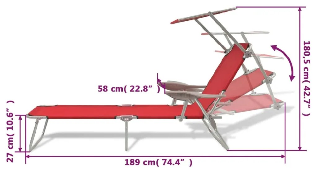 Espreguiçadeira com toldo aço vermelho