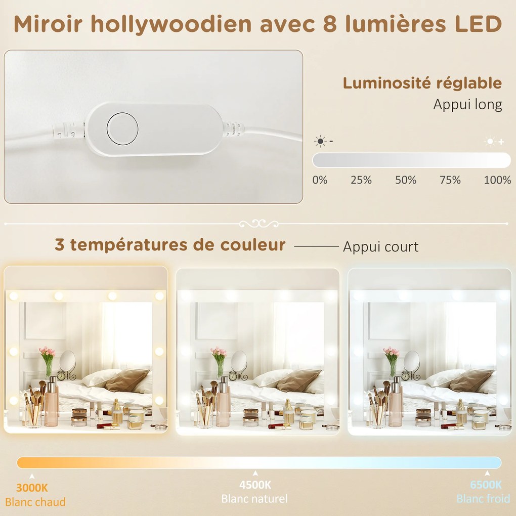 Conjunto de Toucador com Espelho e Banco, 110 x 39,5 x 140 cm, Espelho LED Ajustável, Branco