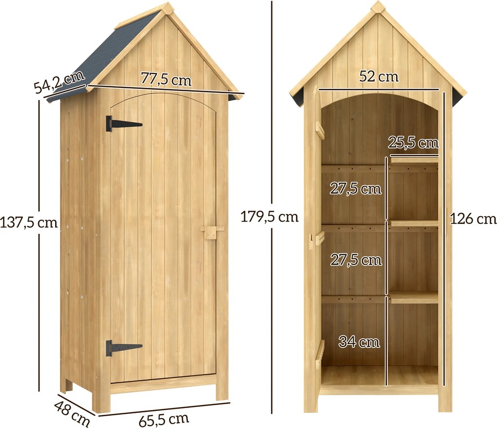 Armário Abrigo Jardim de Madeira 77,5x54,2x179,5 cm 0,3 m² para Arrumação de Ferramentas com 3 Prateleiras e 2 Portas com Fecho Madeira