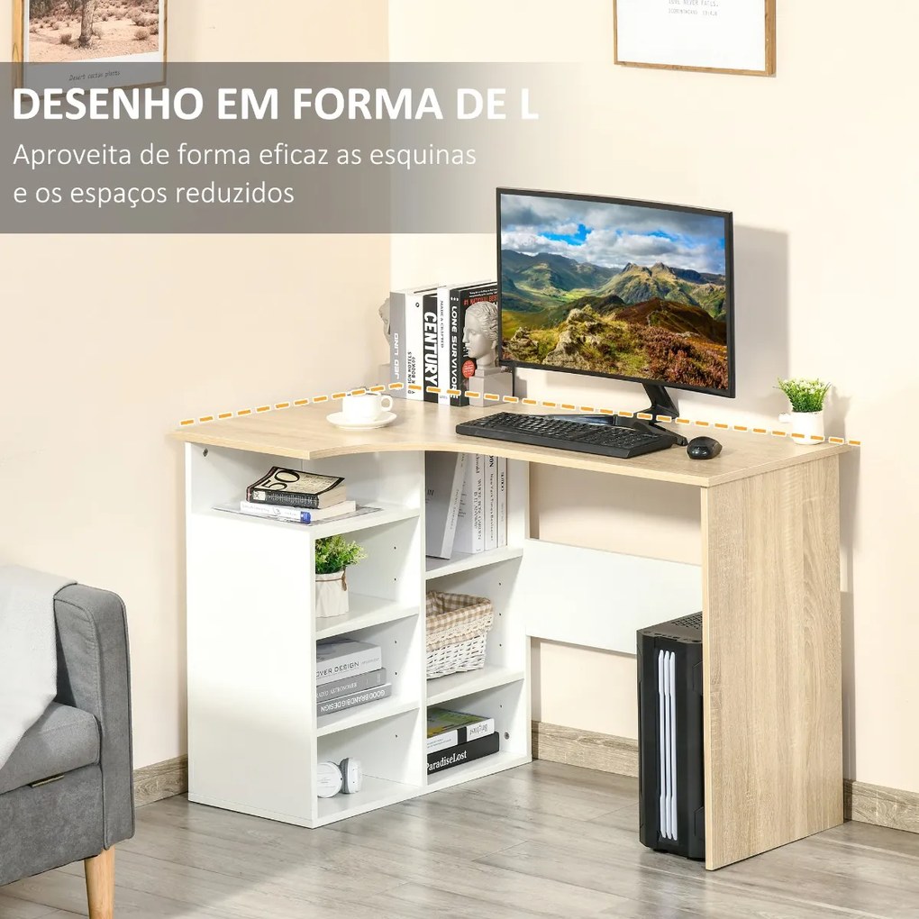 Secretária de Canto Secretária em Forma de L com Prateleiras Ajustáveis para Escritório Casa Estúdio 120x70x75cm Branco e Carvalho